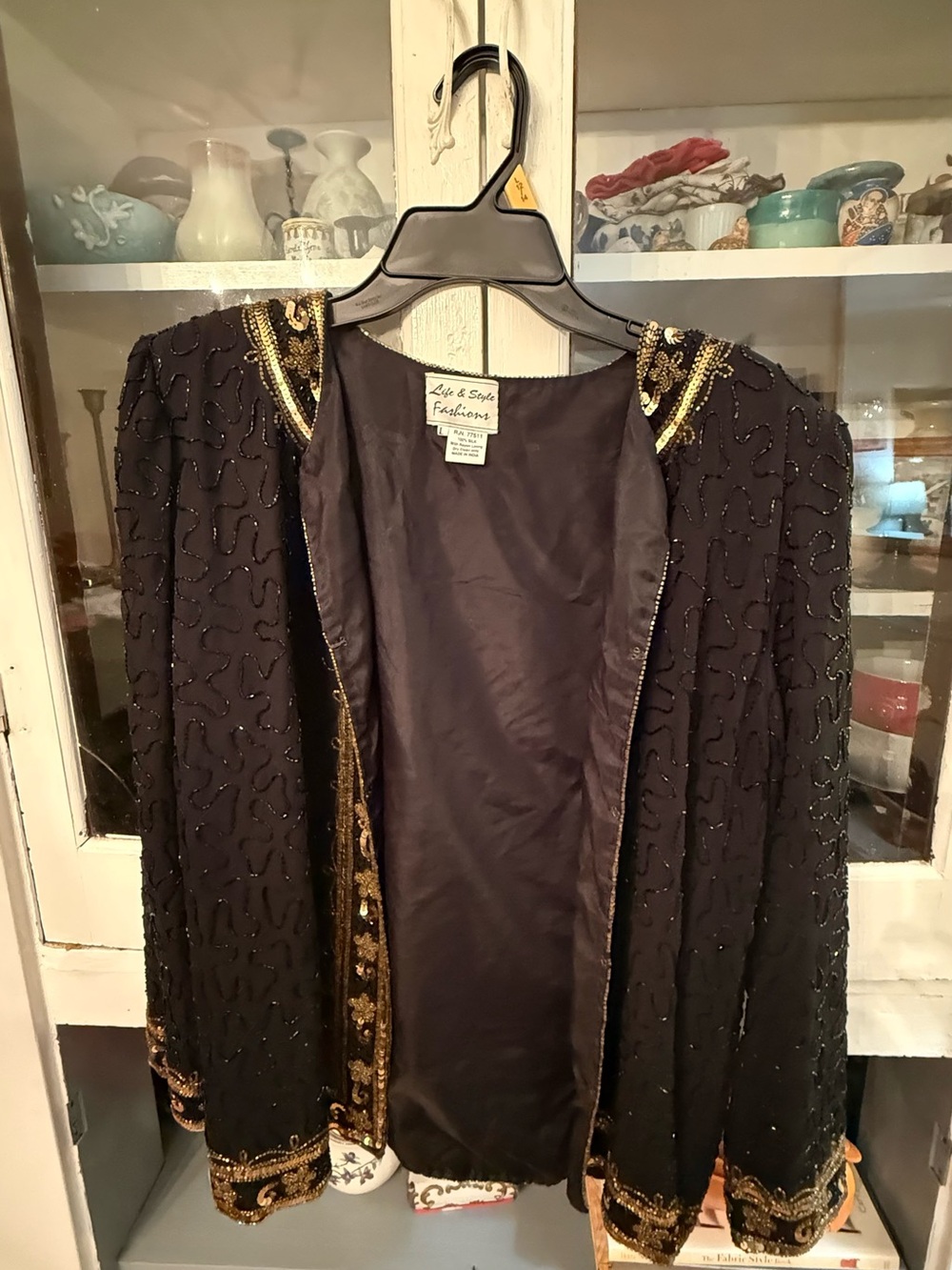 Life & Style Fashions Black Beaded Open Jacket with Gold Trim